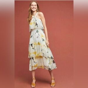 NWT Anthropologie Midi Floral Tiered Dress Size 8 Yellow Green